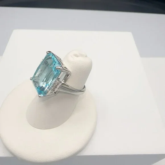 Aquamarine Gemstone Cocktail Ring Sterling Silver Tone Size 5 12 - Picture 8 of 13